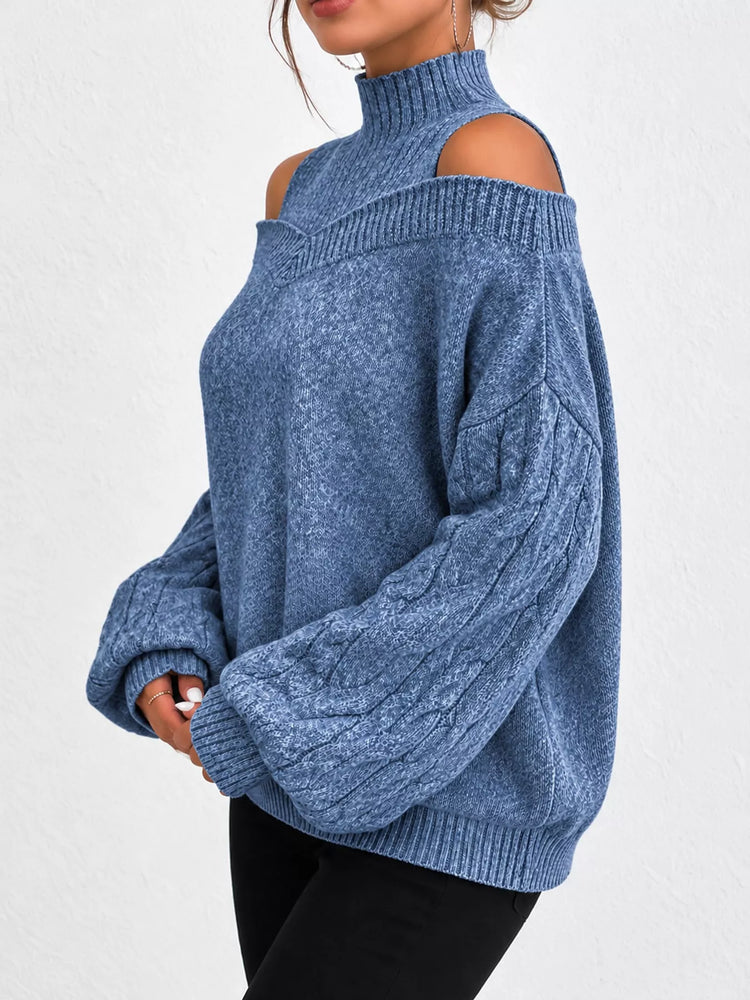 Full Size Cold Shoulder Mock Neck Cable Knit Sweater Plus Size
