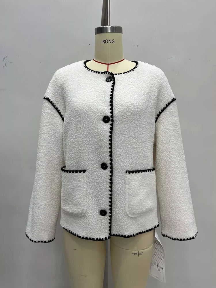 Faux Shearling Contrast Trim Button-Down Outerwear
