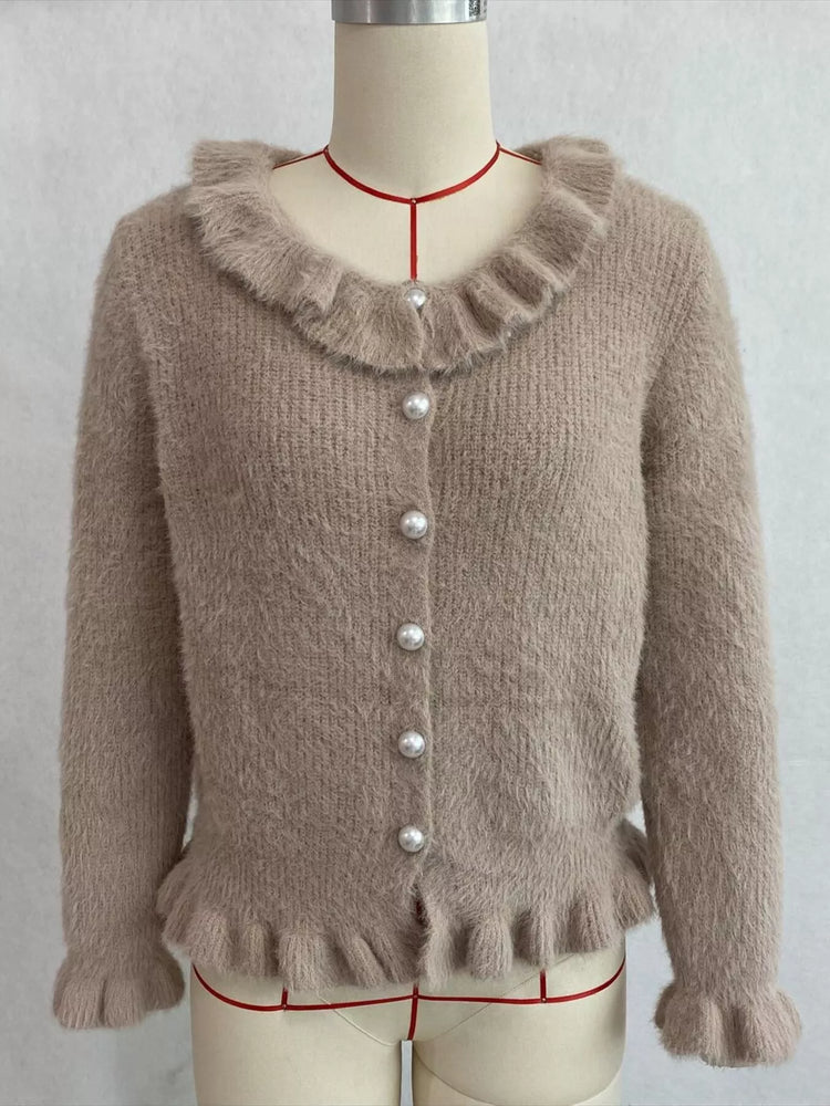 Soft Fuzzy Cardigan with Ruffled Collar and Pearl Buttons