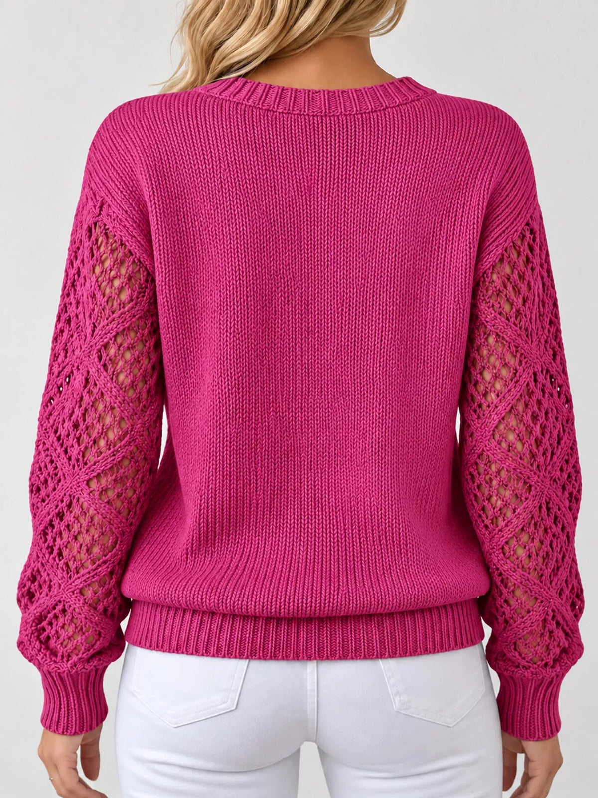 Full Size V-Neck Hollow-Out Long Sleeve Sweater Plus Size