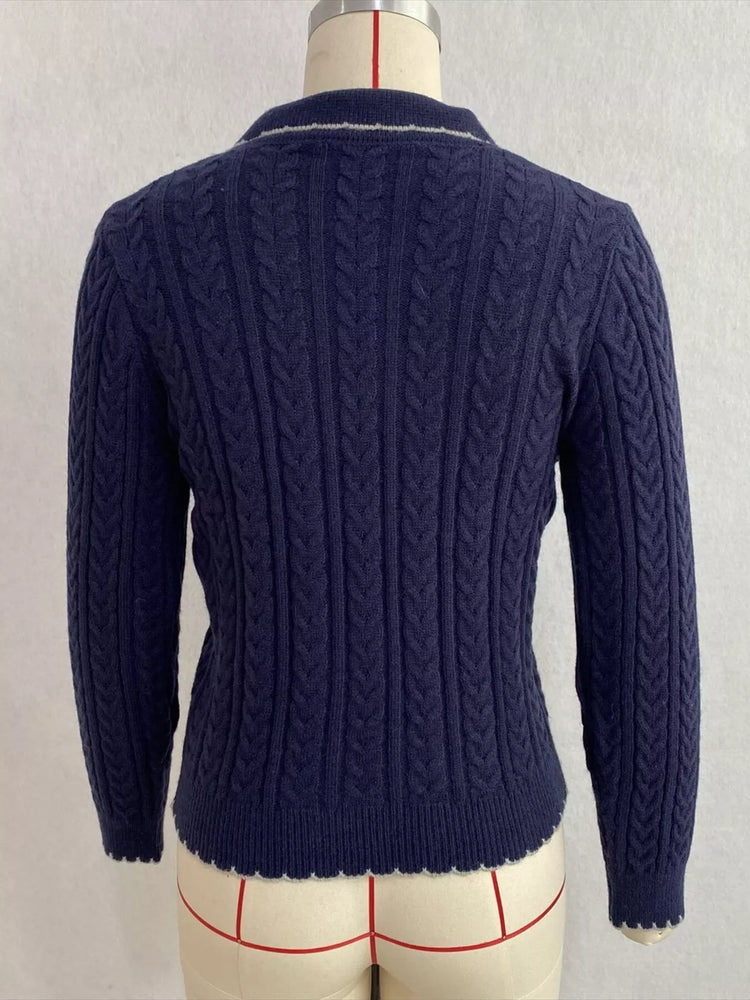 Cable Knit Polo Collar Button-Up Cardigan