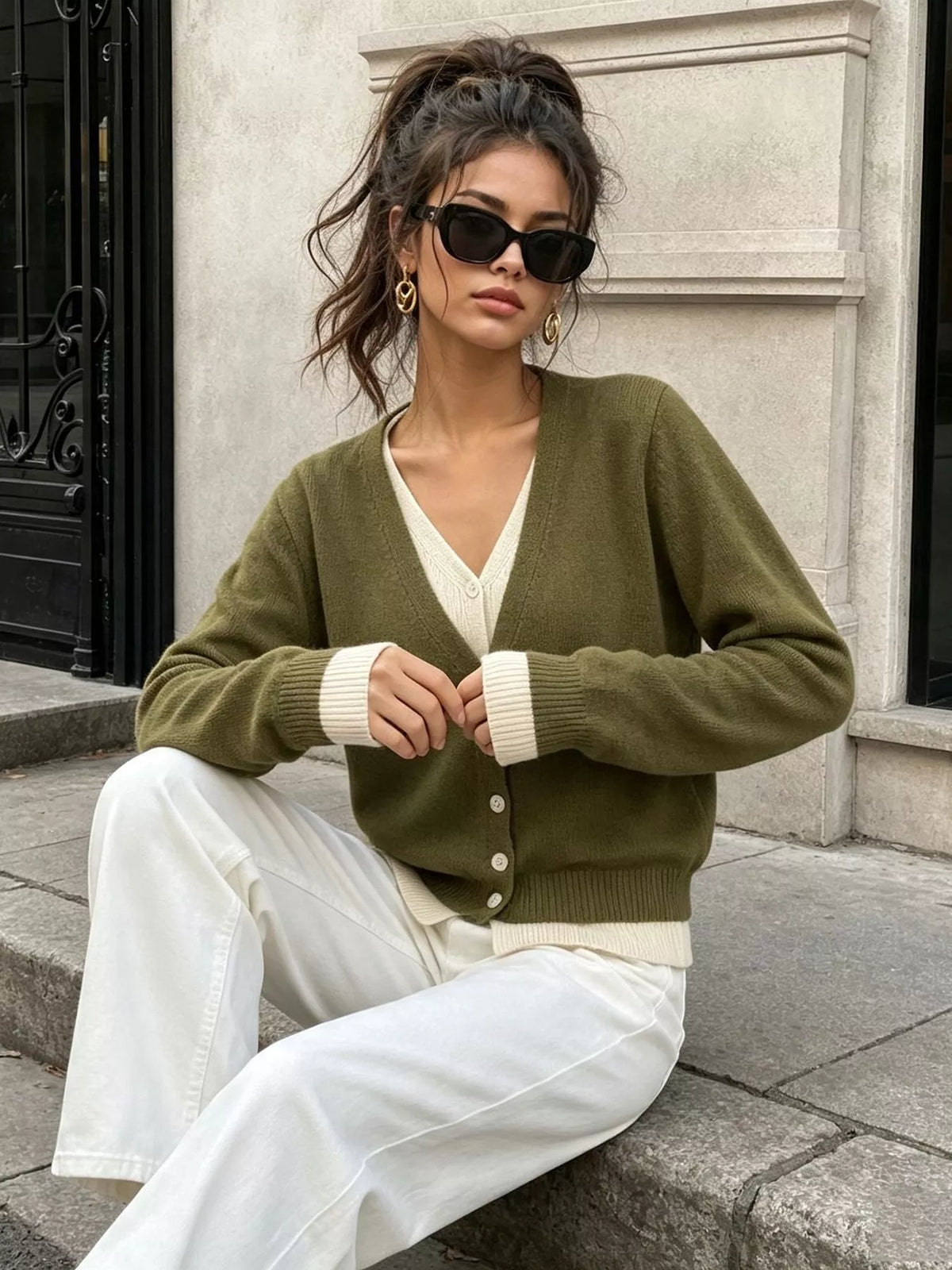 V-Neck Button-Down Contrast Layered Cardigan