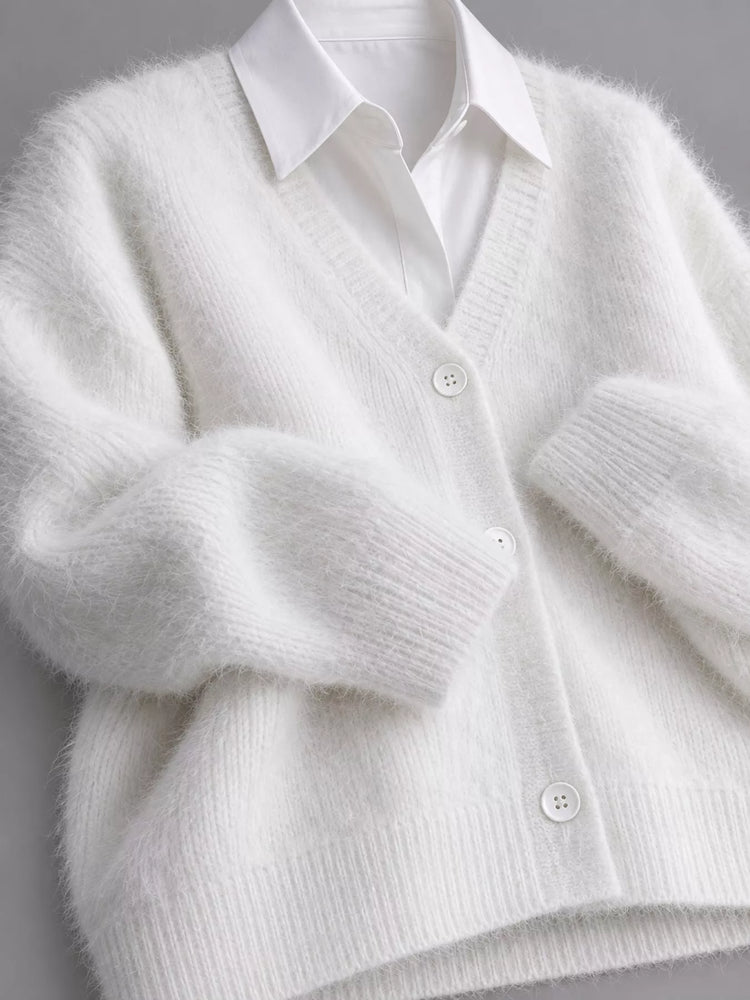 Fuzzy V-Neck Button-Down Cardigan