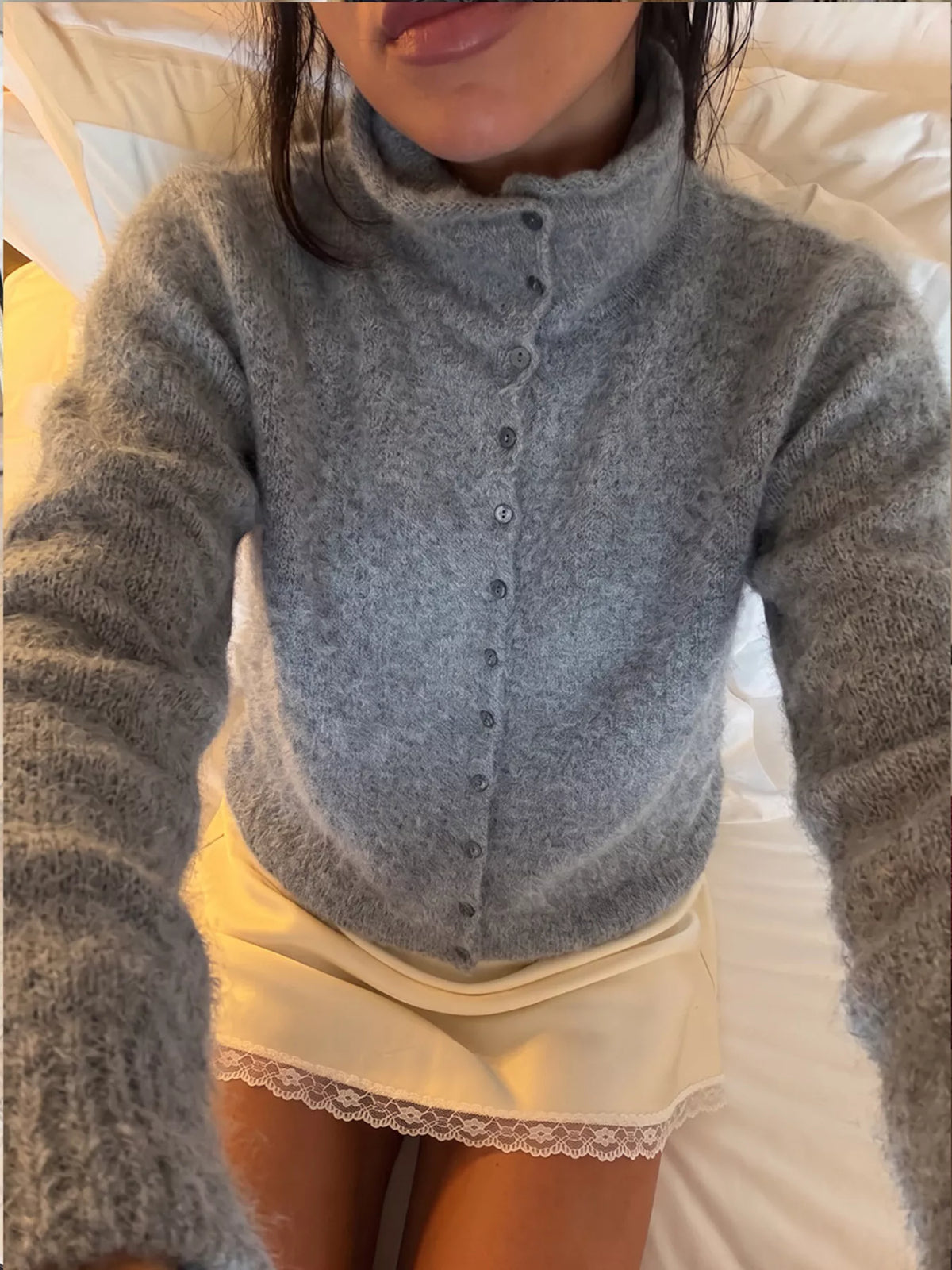Mock Neck Button-Down Fuzzy Knit Cardigan