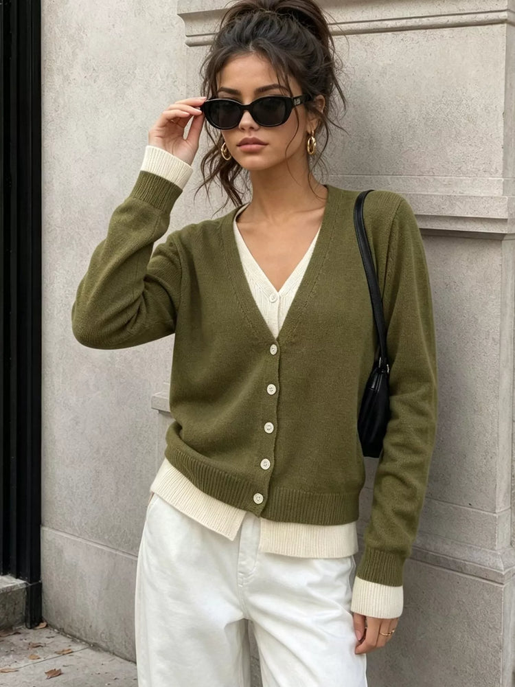 V-Neck Button-Down Contrast Layered Cardigan