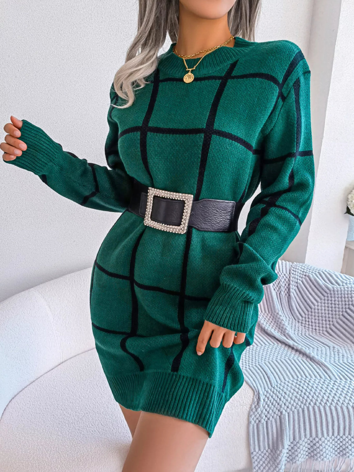 Plaid Pattern Long Sleeve Sweater Dress