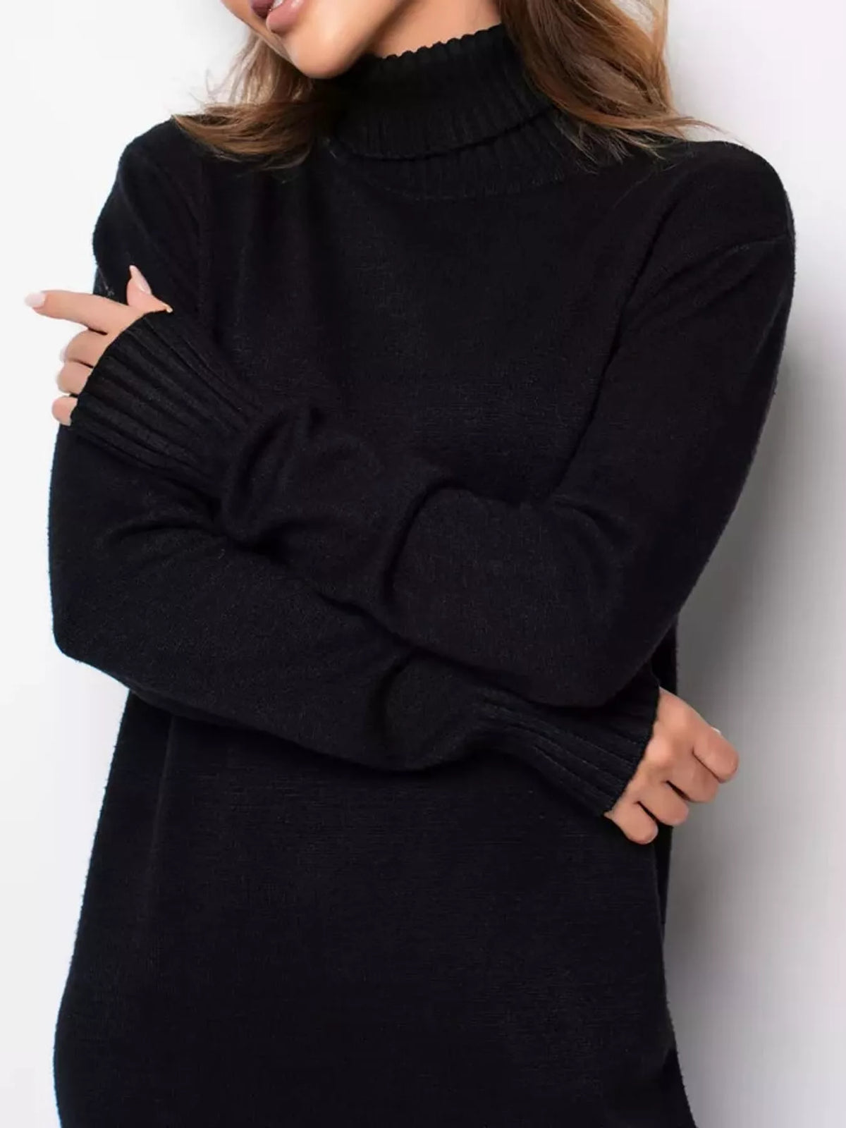 Turtleneck Ribbed Knit Sweater Dress