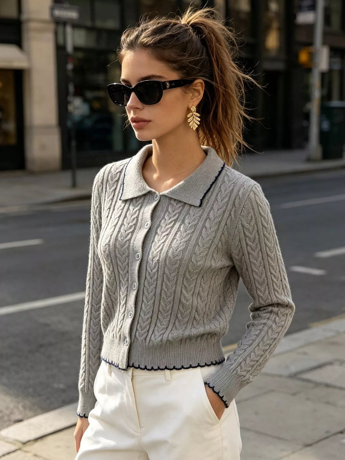 Cable Knit Polo Collar Button-Up Cardigan