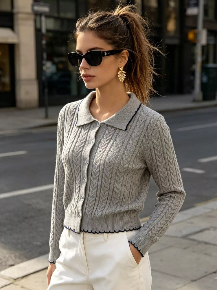 Cable Knit Polo Collar Button-Up Cardigan