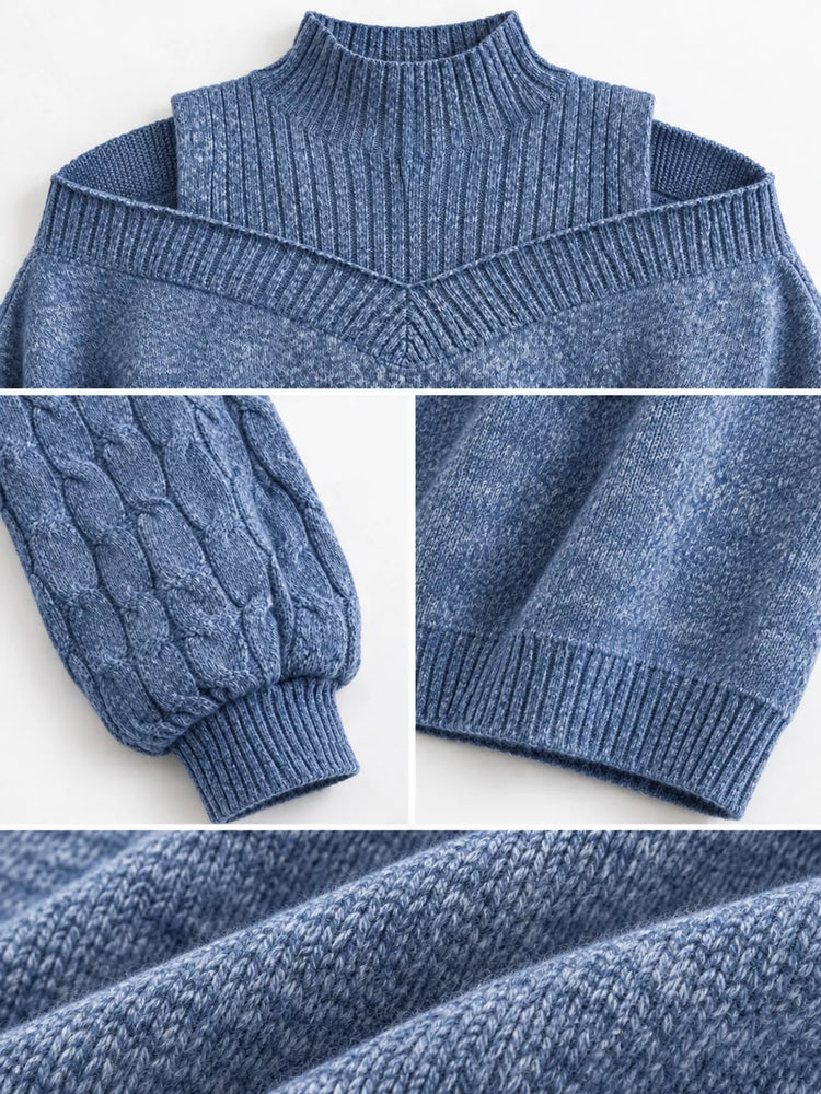 Full Size Cold Shoulder Mock Neck Cable Knit Sweater Plus Size