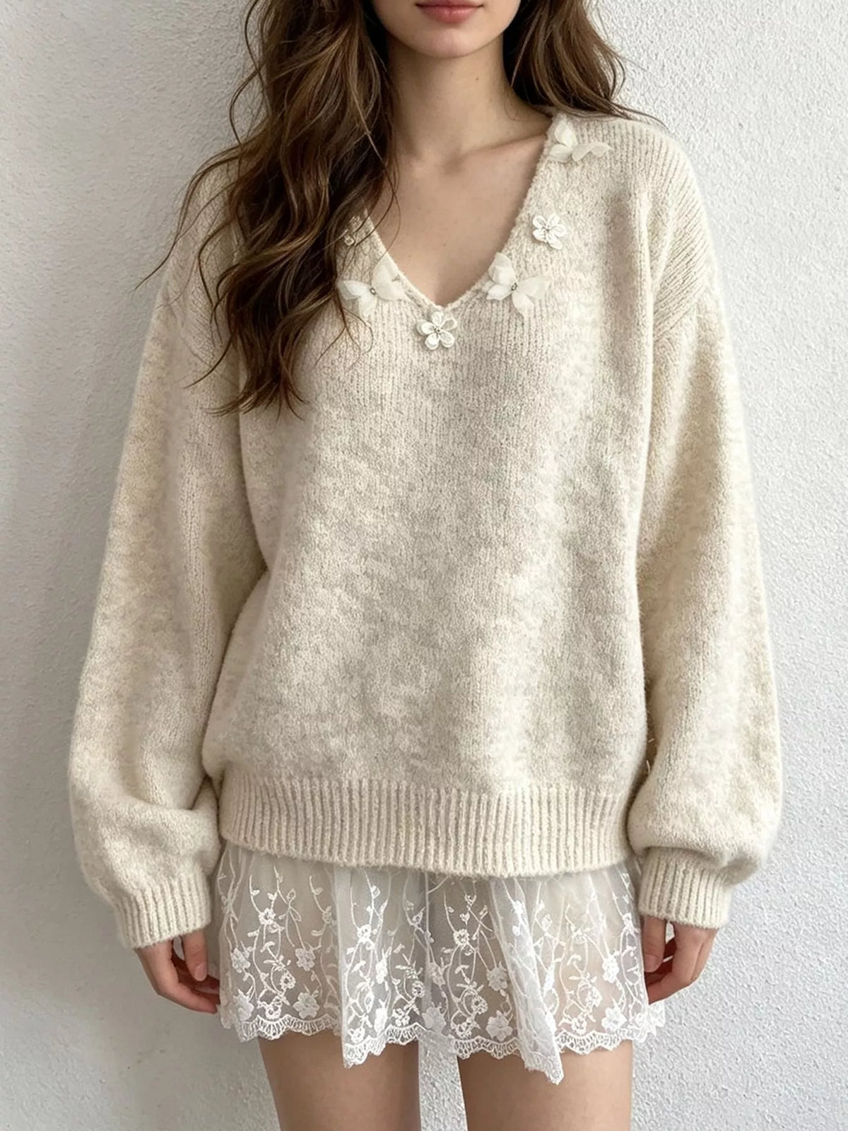 V-Neck Floral Applique Lace Hem Sweater