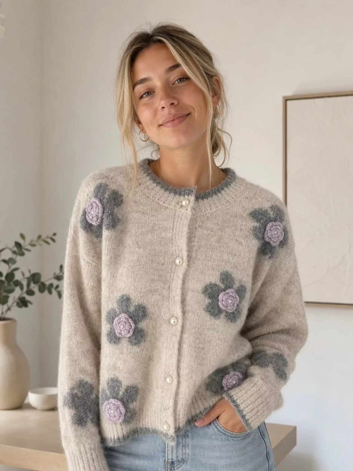 Floral Applique Button-Down Knit Cardigan