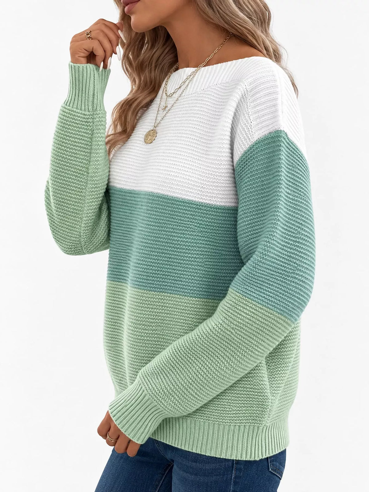 Full Size Color-Block Boat Neck Sweater Plus Size