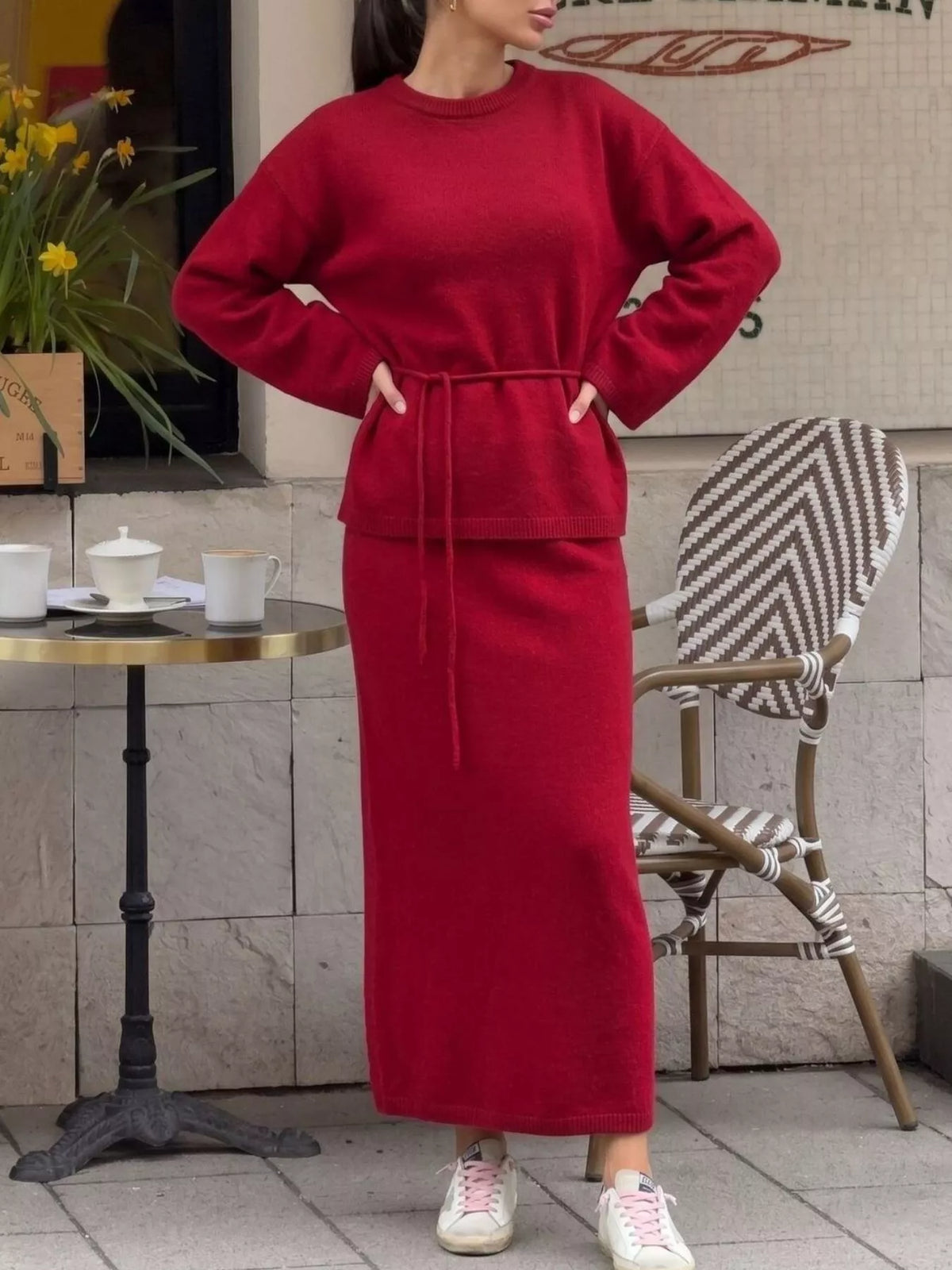 Waist-Tie Detail Sweater and Maxi Skirt Set