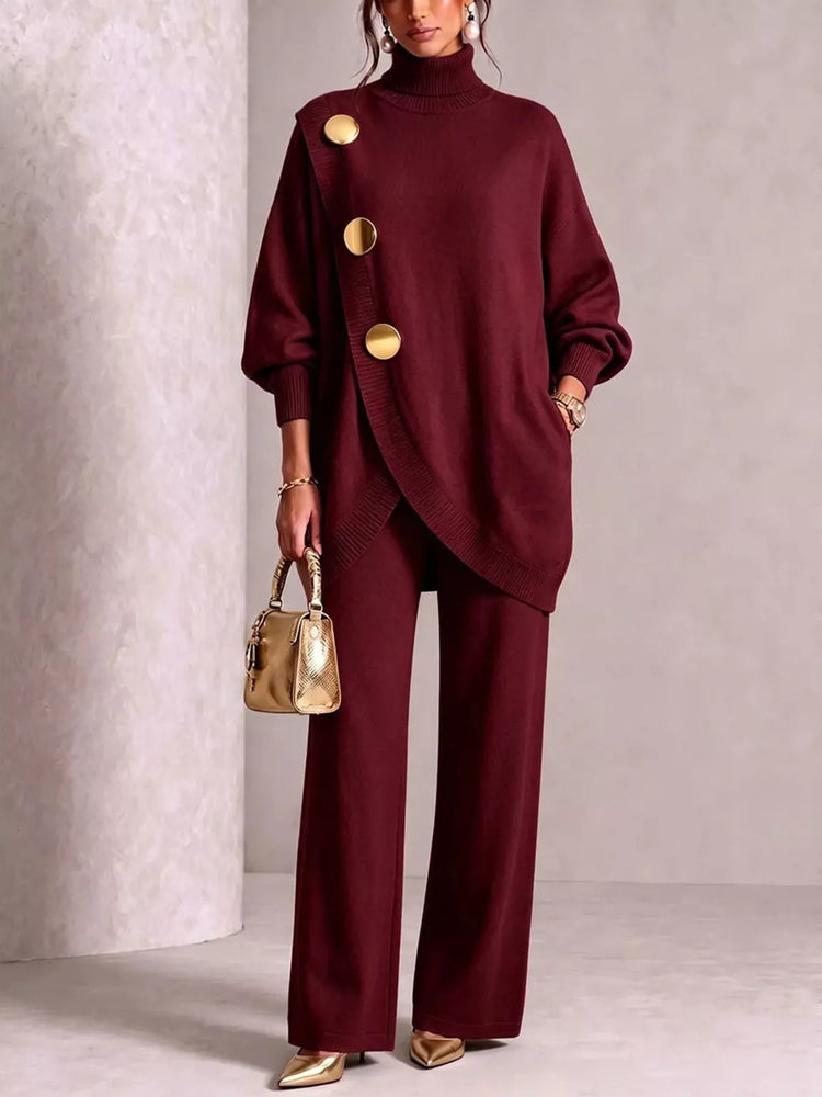 Gold Button Accent Turtleneck Sweater and Pants Set