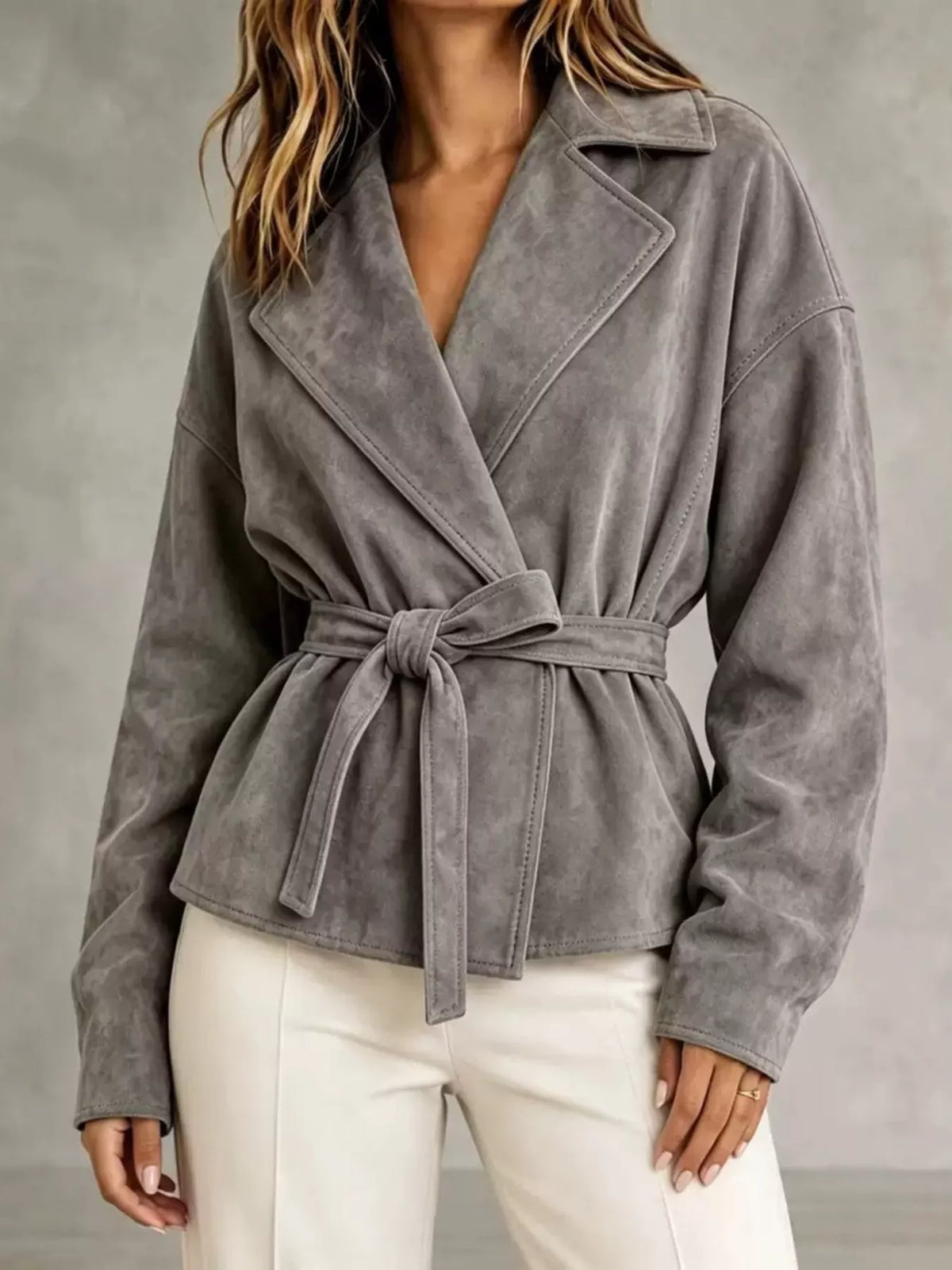 Tie-Waist Lapel Collar Jacket