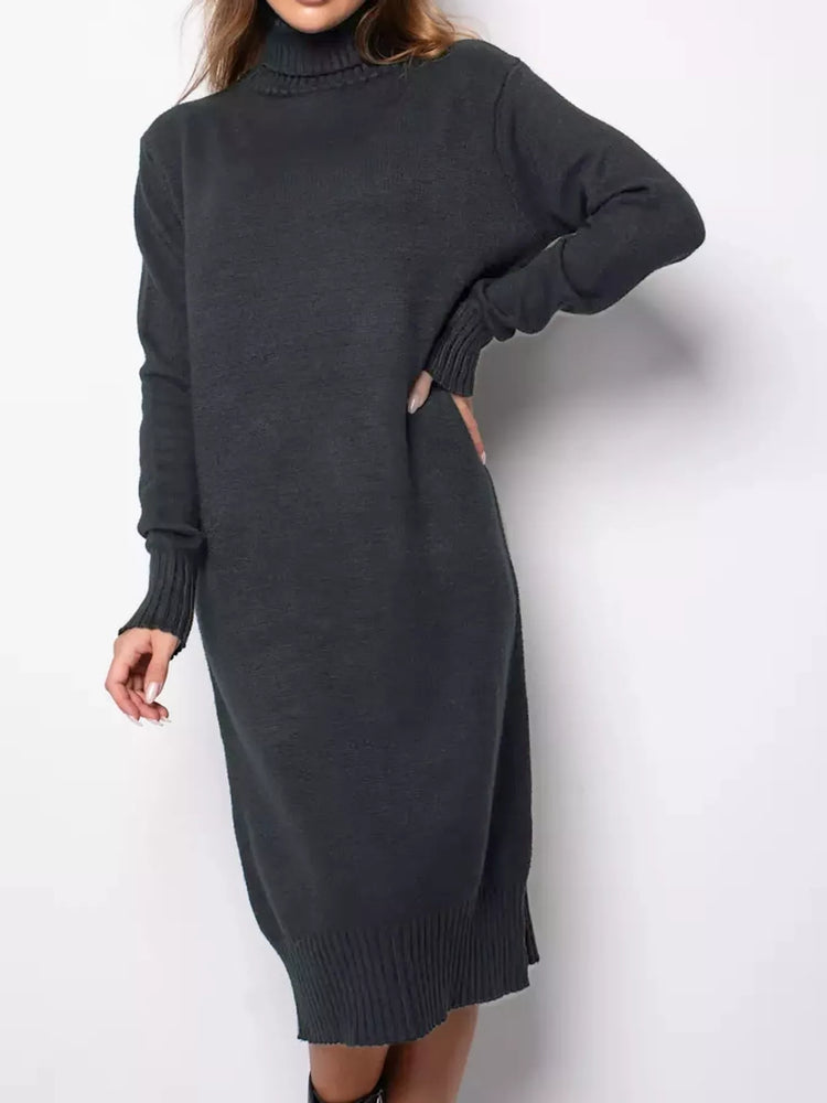 Turtleneck Ribbed Knit Sweater Dress
