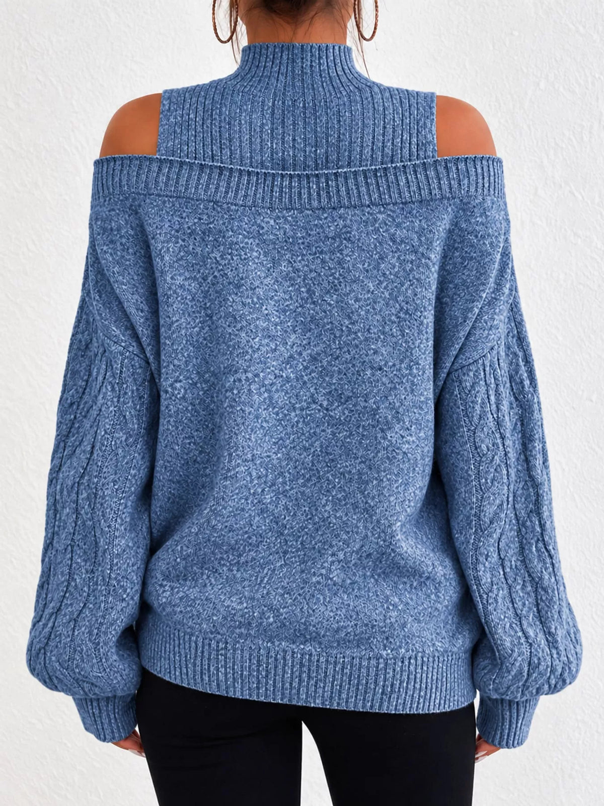 Full Size Cold Shoulder Mock Neck Cable Knit Sweater Plus Size