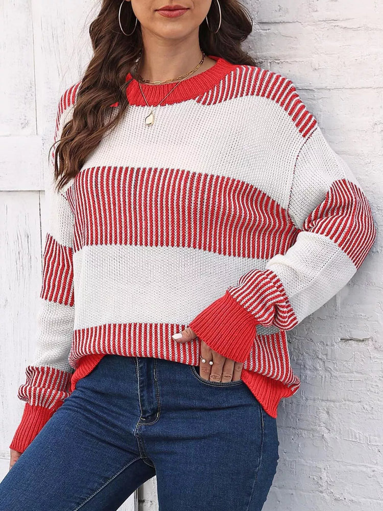 Full Size Striped Color Block Crew Neck Sweater Plus Size
