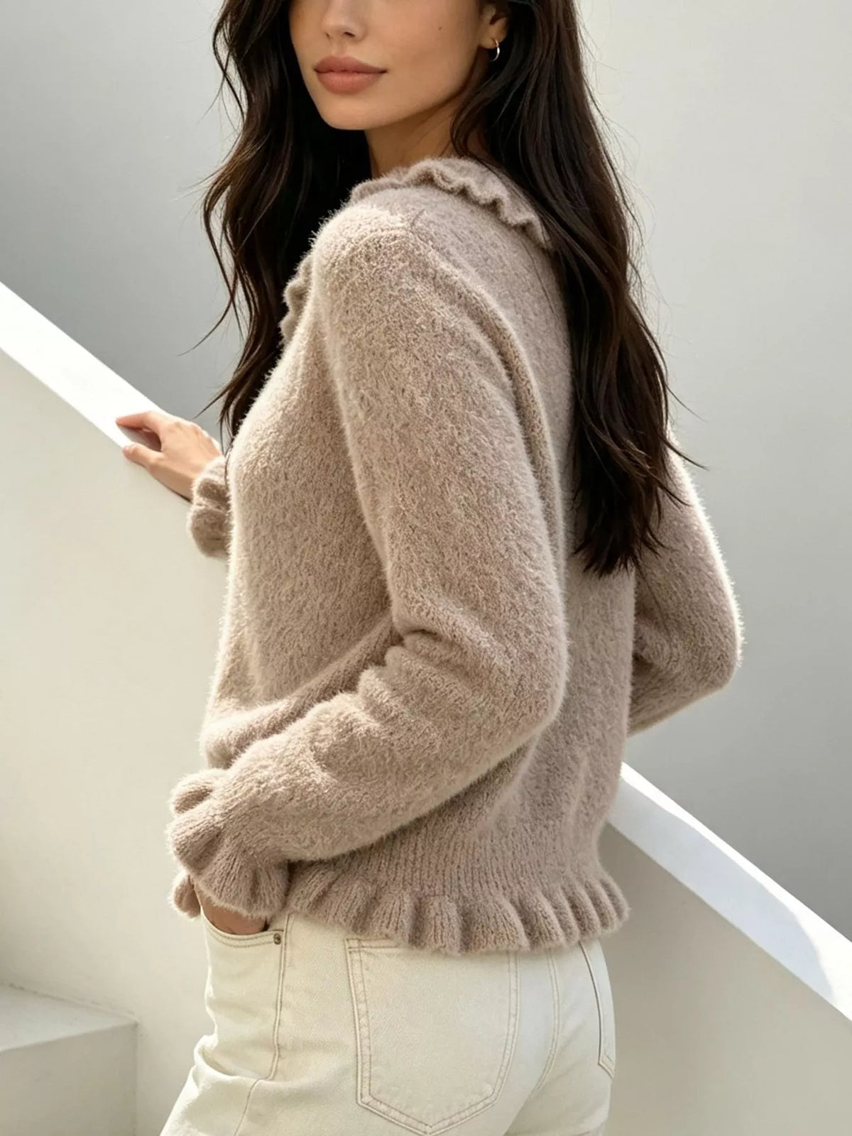 Soft Fuzzy Cardigan with Ruffled Collar and Pearl Buttons
