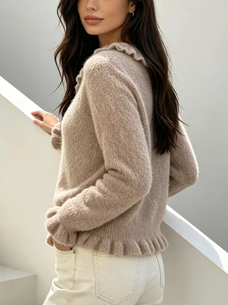 Soft Fuzzy Cardigan with Ruffled Collar and Pearl Buttons