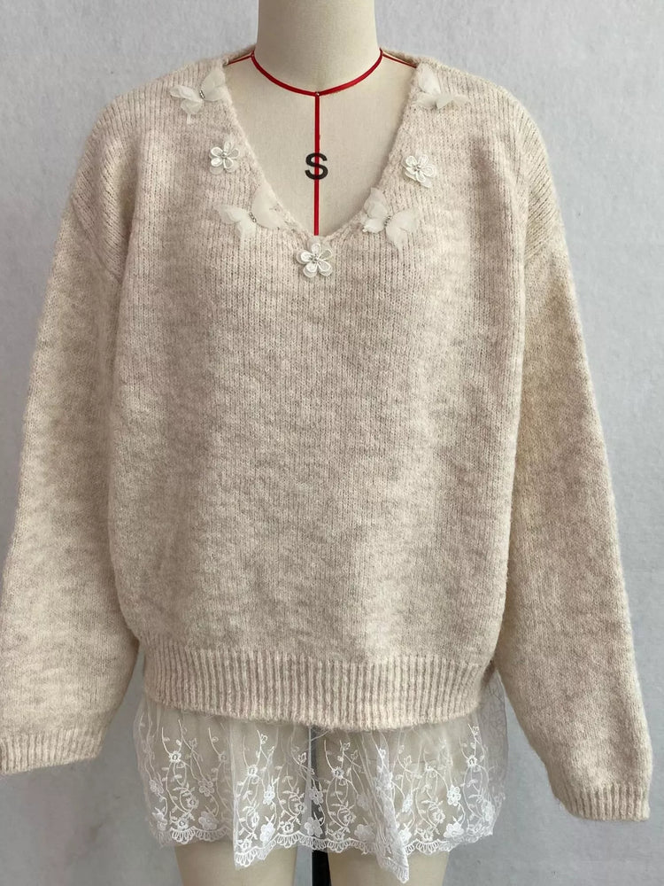 V-Neck Floral Applique Lace Hem Sweater