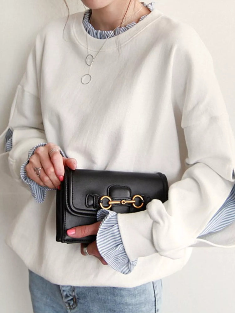 Crewneck Sweatshirt with Striped Ruffle Cuffs