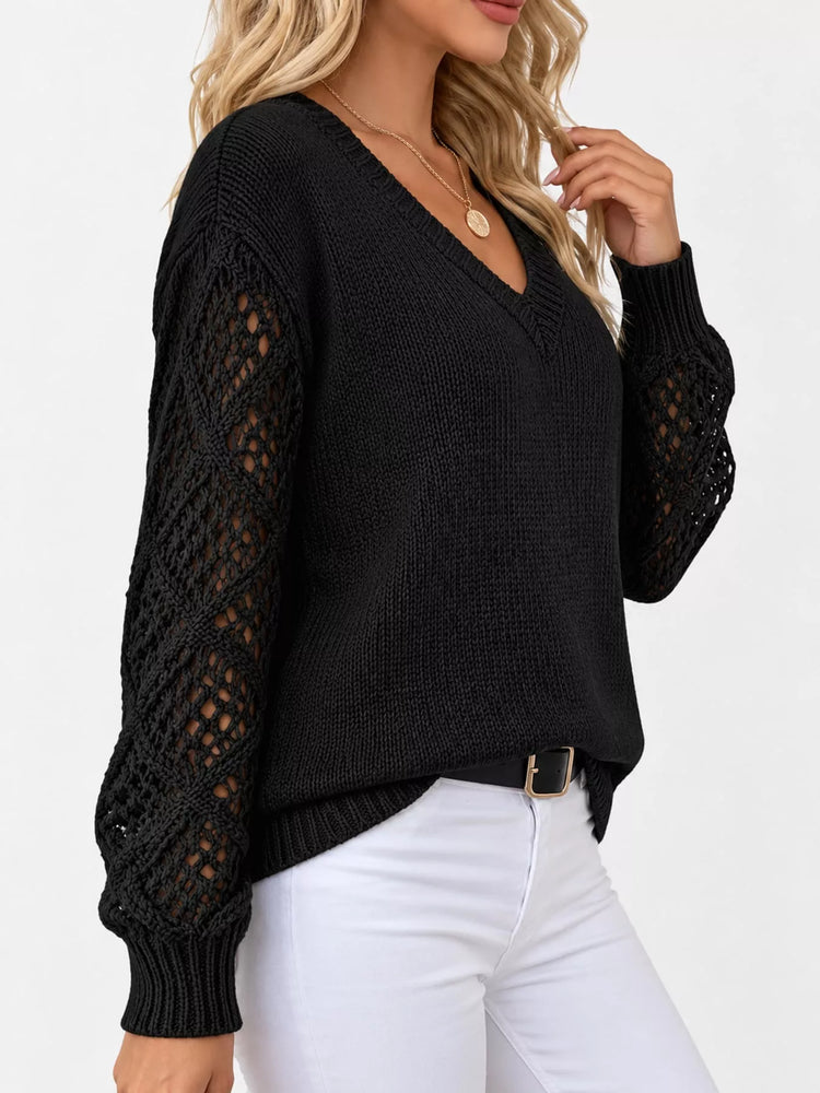 Full Size V-Neck Hollow-Out Long Sleeve Sweater Plus Size