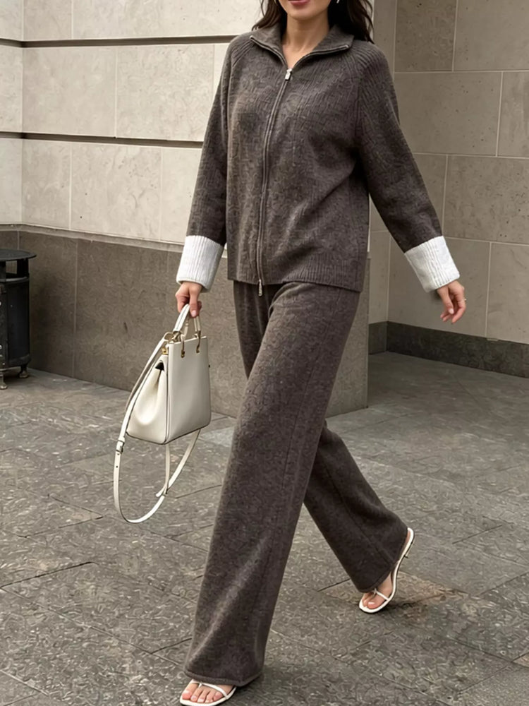 Zip-Up Contrast Cuff Cardigan and Pants Sweater Set