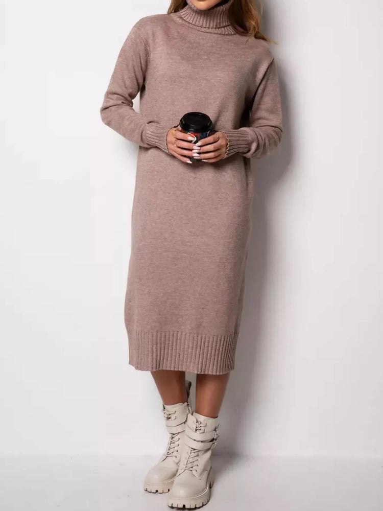 Turtleneck Ribbed Knit Sweater Dress