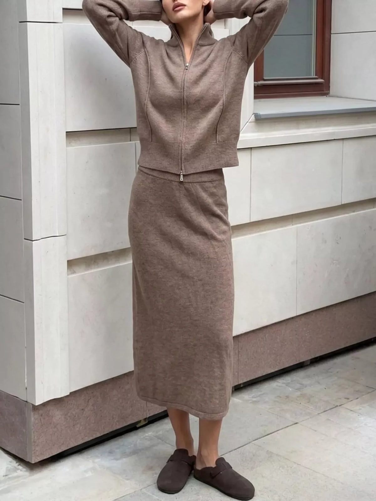 Zip-Up Mock Neck Cardigan and Matching Midi Skirt Sweater Set