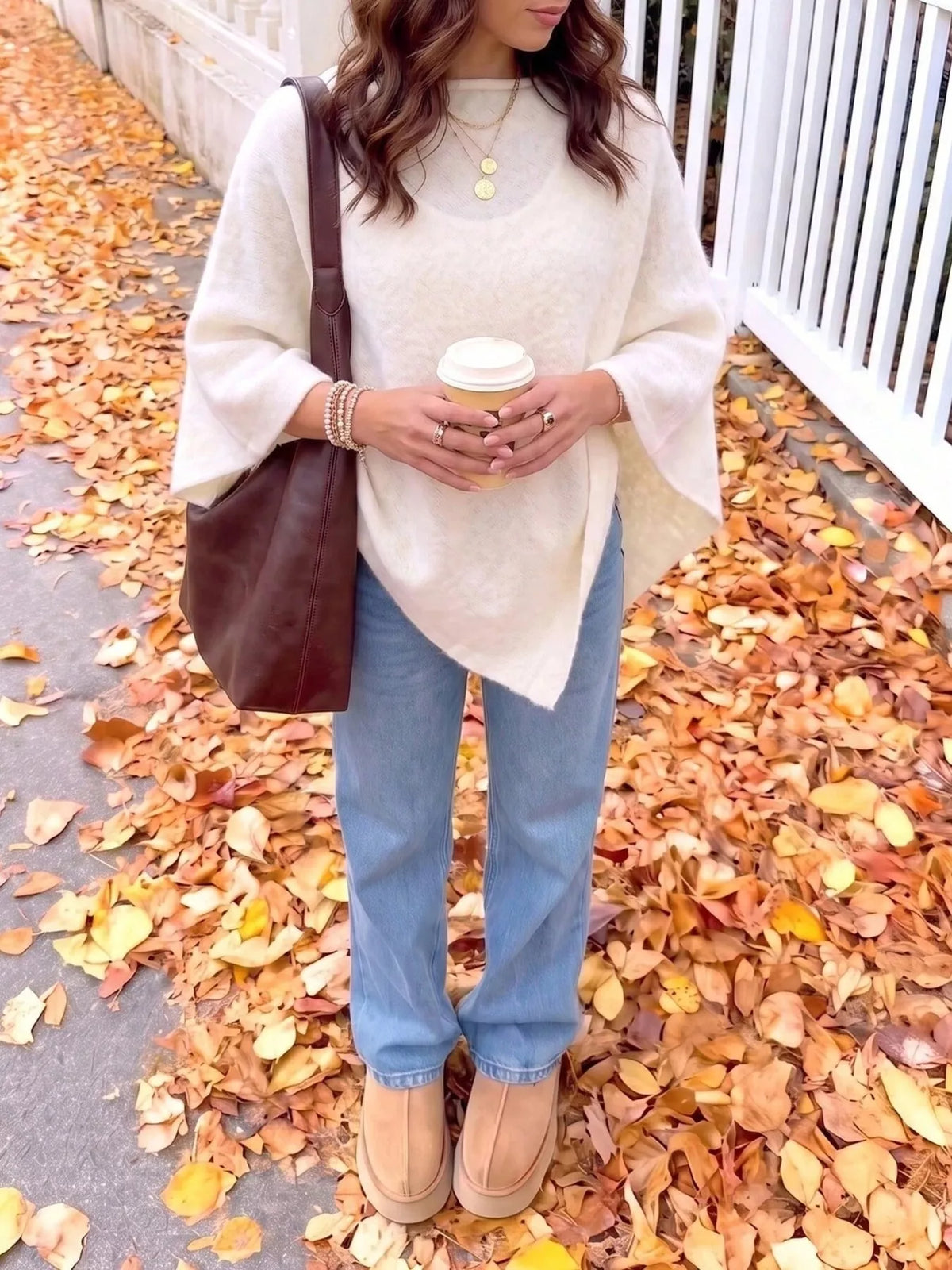 Brushed Loose Shawl Round-Neck Cape Sweater with Bat Sleeves