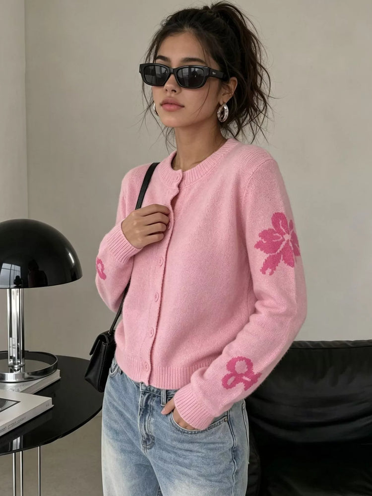 Floral Crew Neck Cropped Knit Cardigan