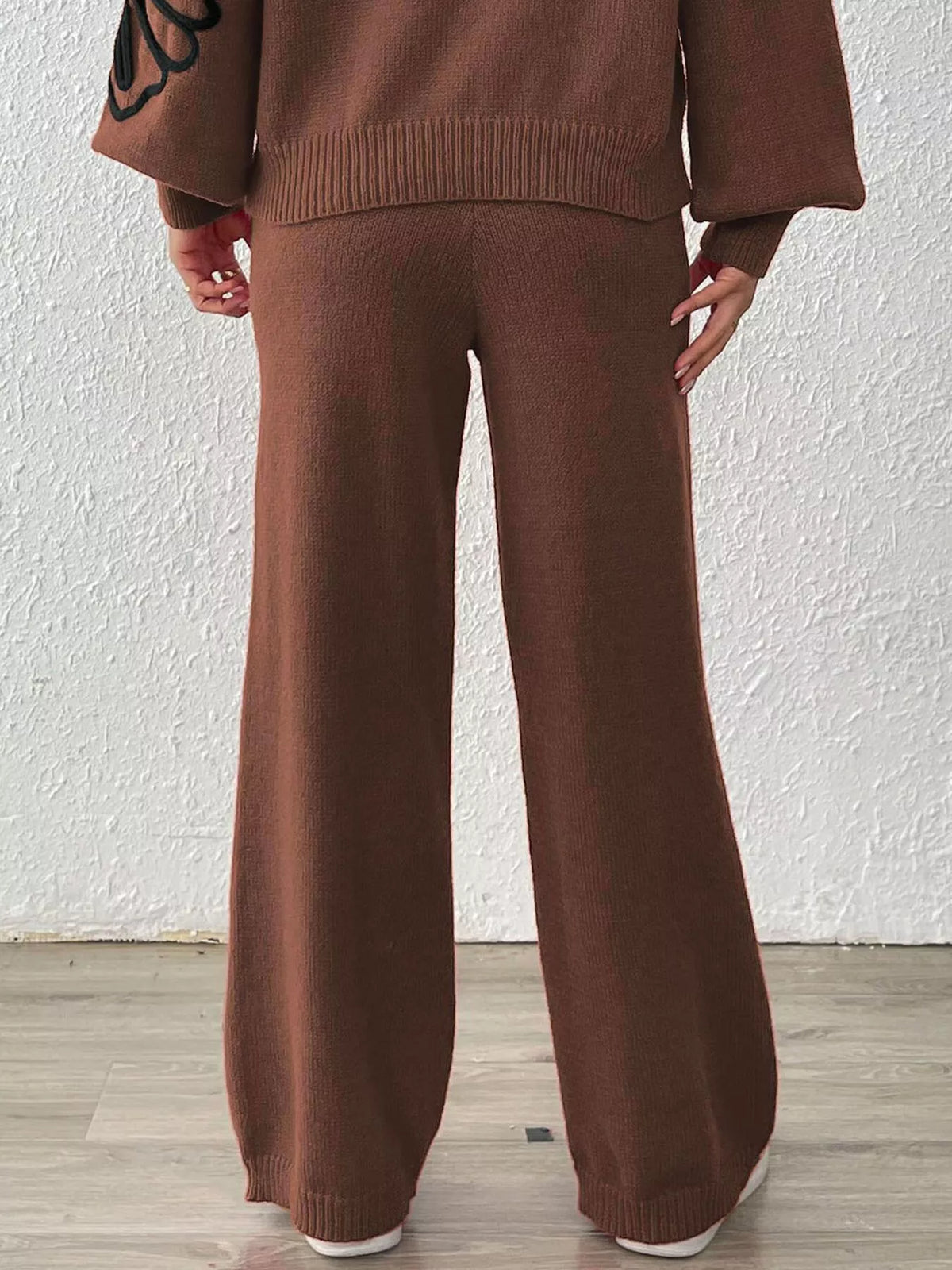 High-Waisted Wide-Leg Sweater Pants with Floral Beaded Decor