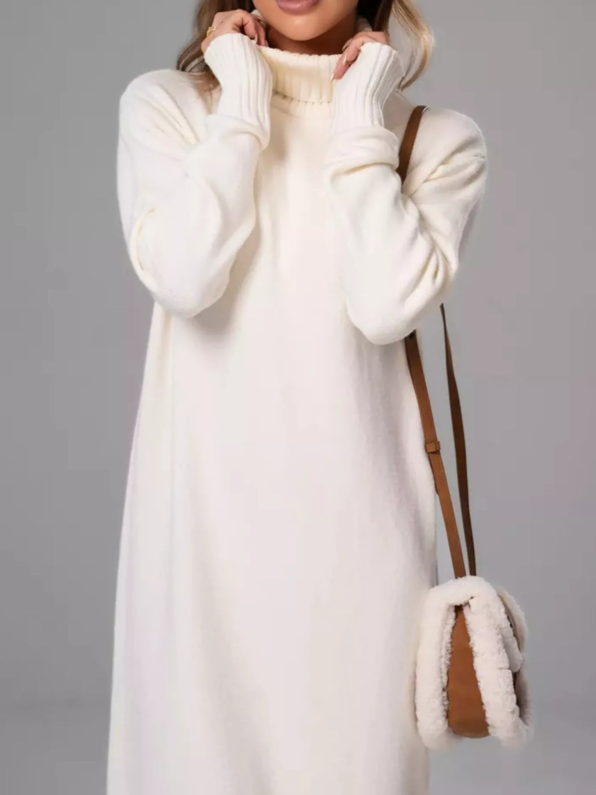 Turtleneck Ribbed Knit Sweater Dress