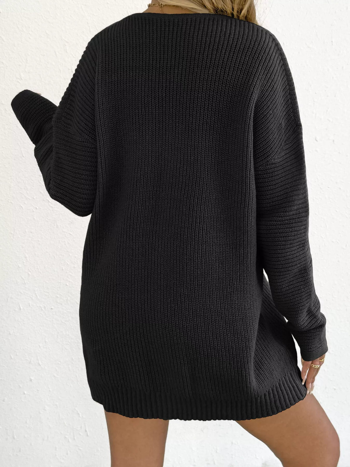 V-Neck Ribbed Sweater Dress with Floral Appliques