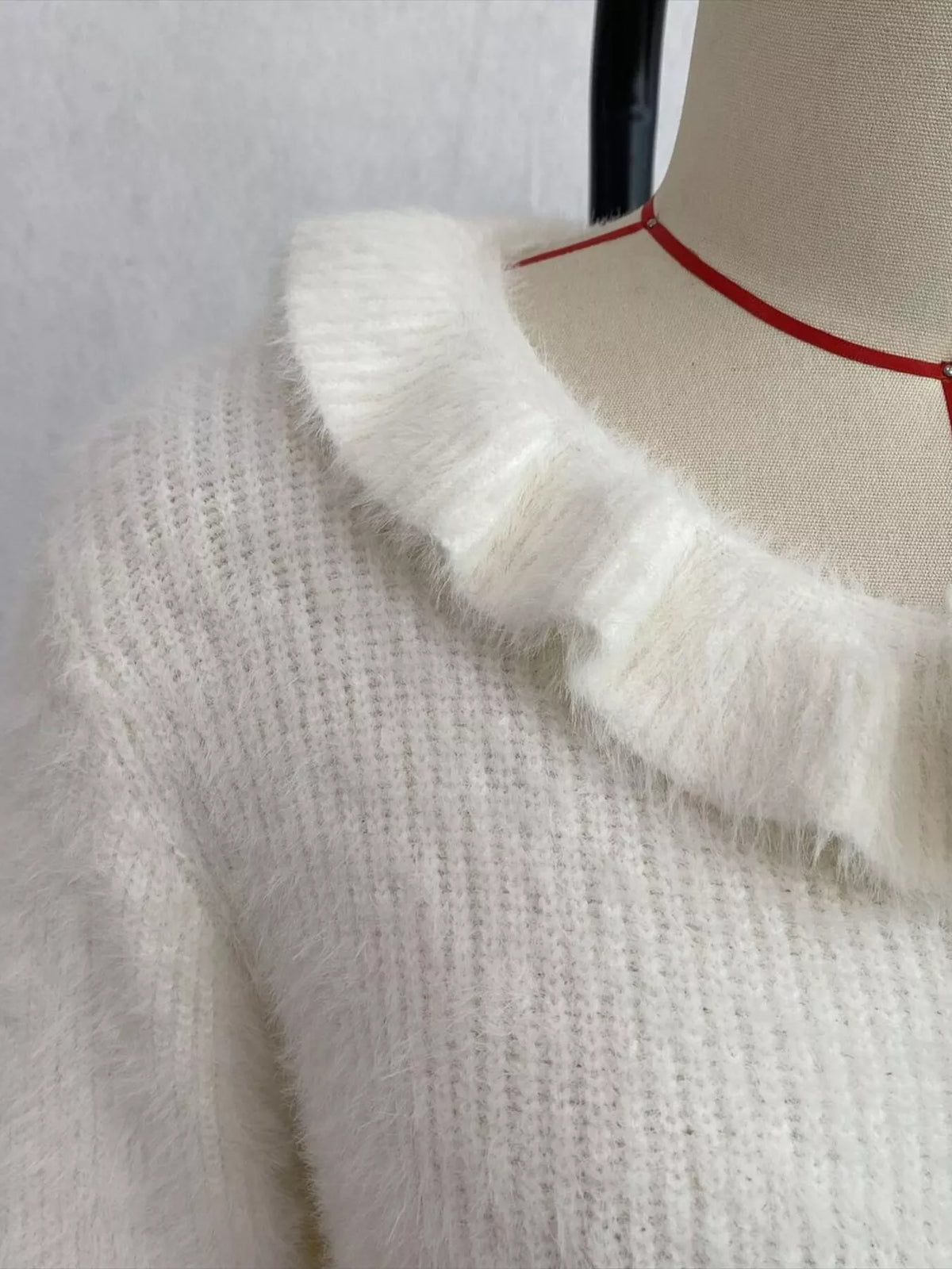 Soft Fuzzy Cardigan with Ruffled Collar and Pearl Buttons