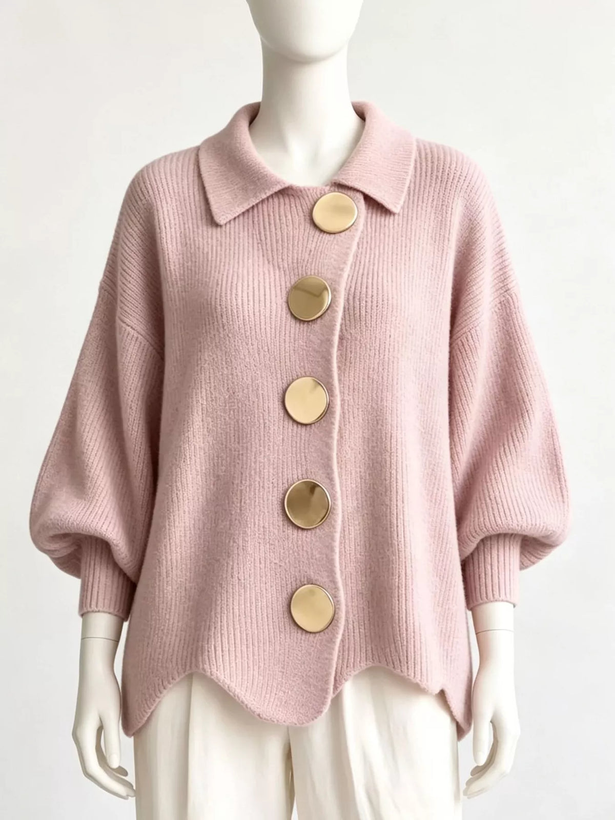 Full Size Collared Wavy Hem Knit Cardigan with Metal Button Plus Size