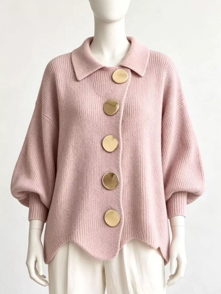 Full Size Collared Wavy Hem Knit Cardigan with Metal Button Plus Size