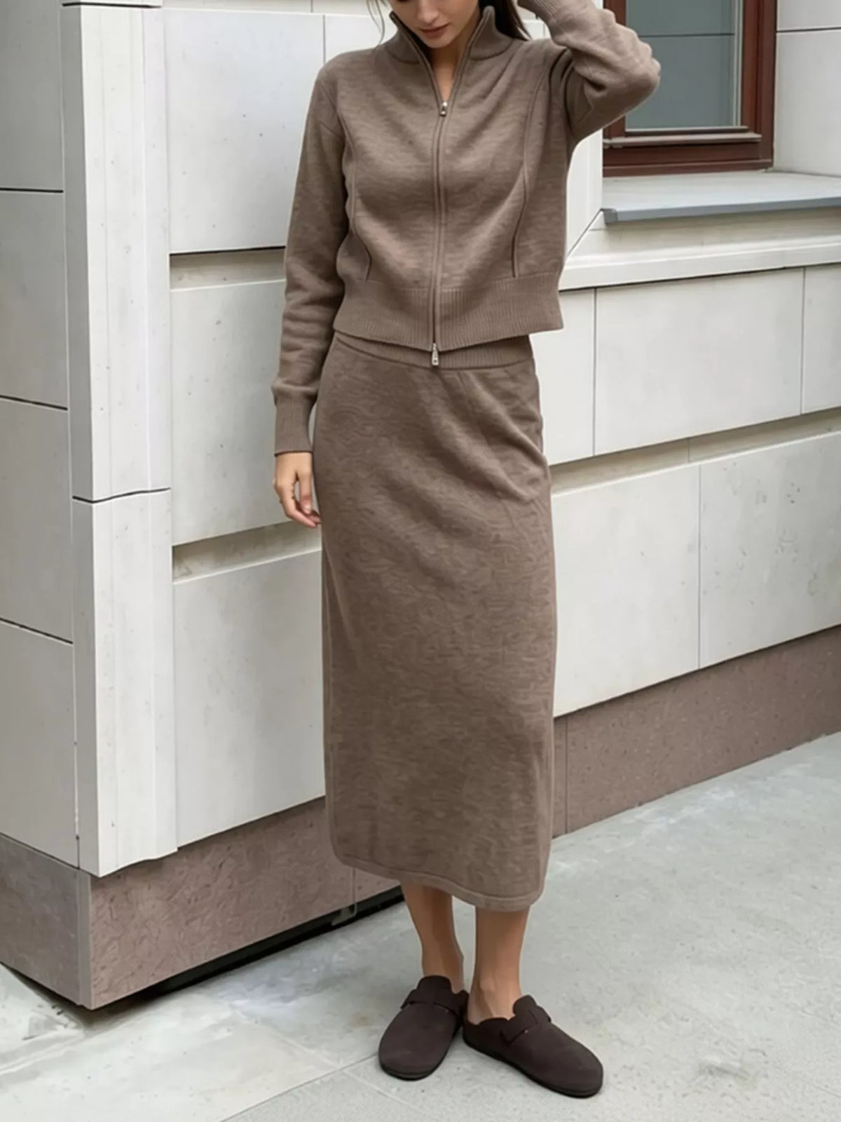 Zip-Up Mock Neck Cardigan and Matching Midi Skirt Sweater Set