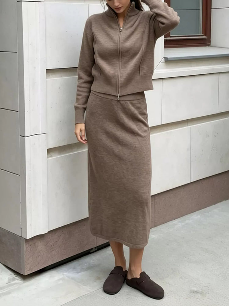 Zip-Up Mock Neck Cardigan and Matching Midi Skirt Sweater Set