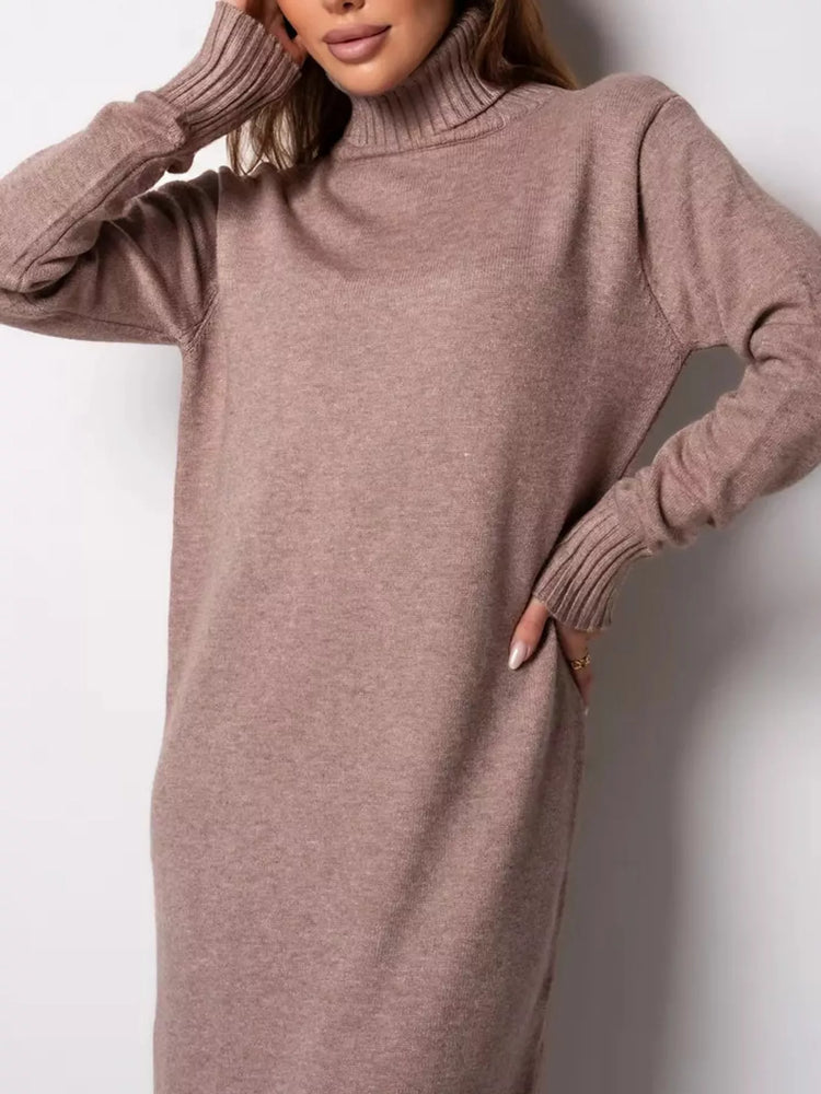 Turtleneck Ribbed Knit Sweater Dress