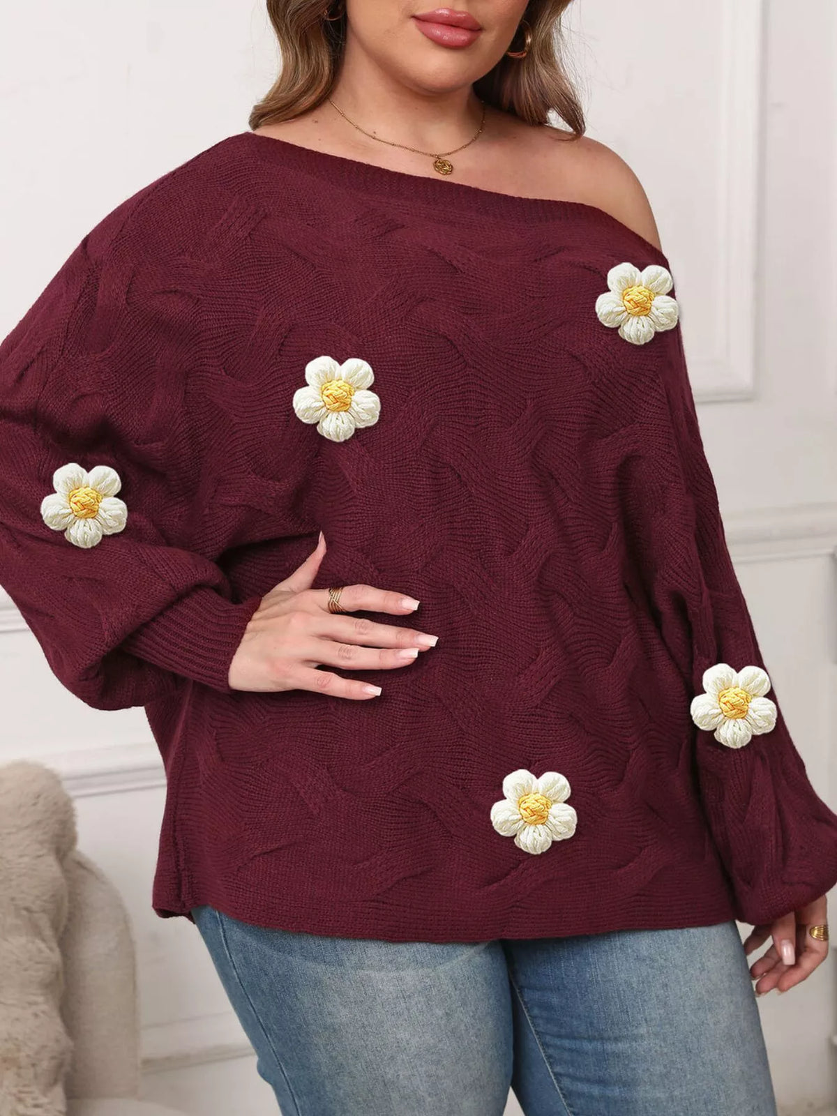 Plus Size One-Shoulder Floral Applique Sweater