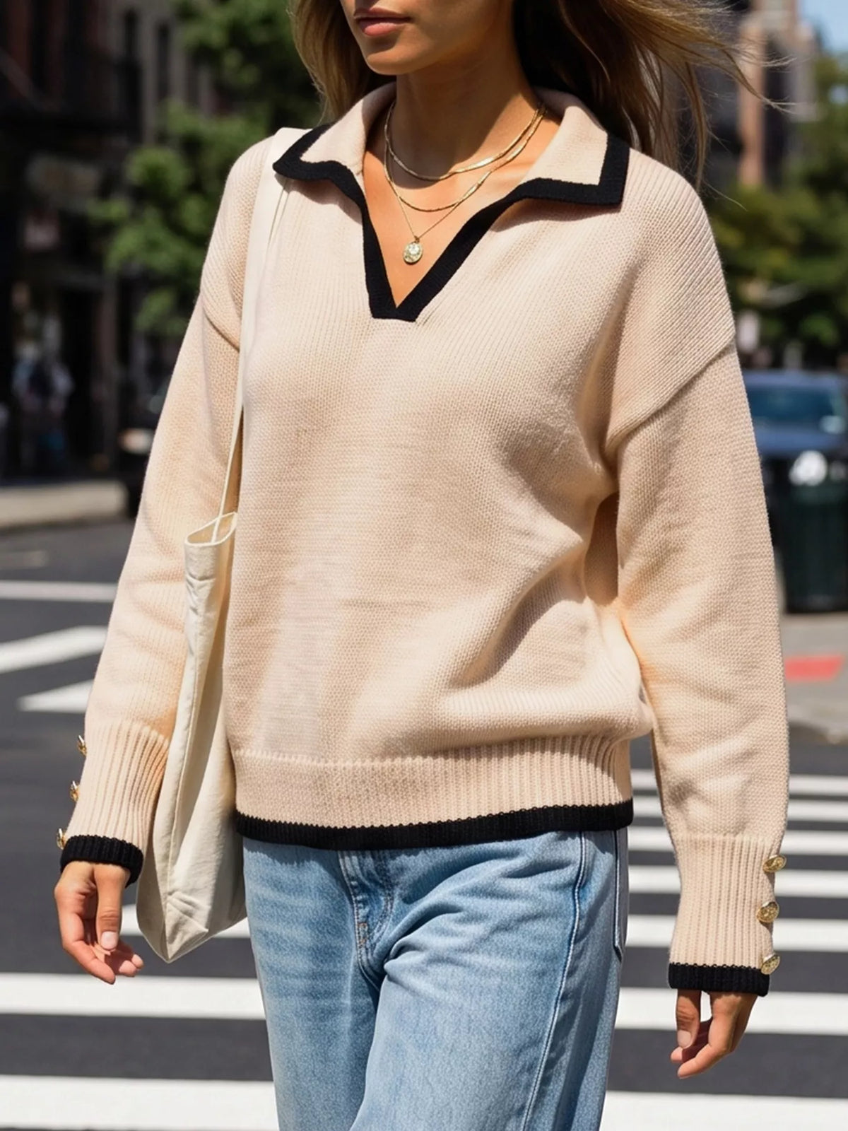 Contrast Trim Polo Collar Sweater
