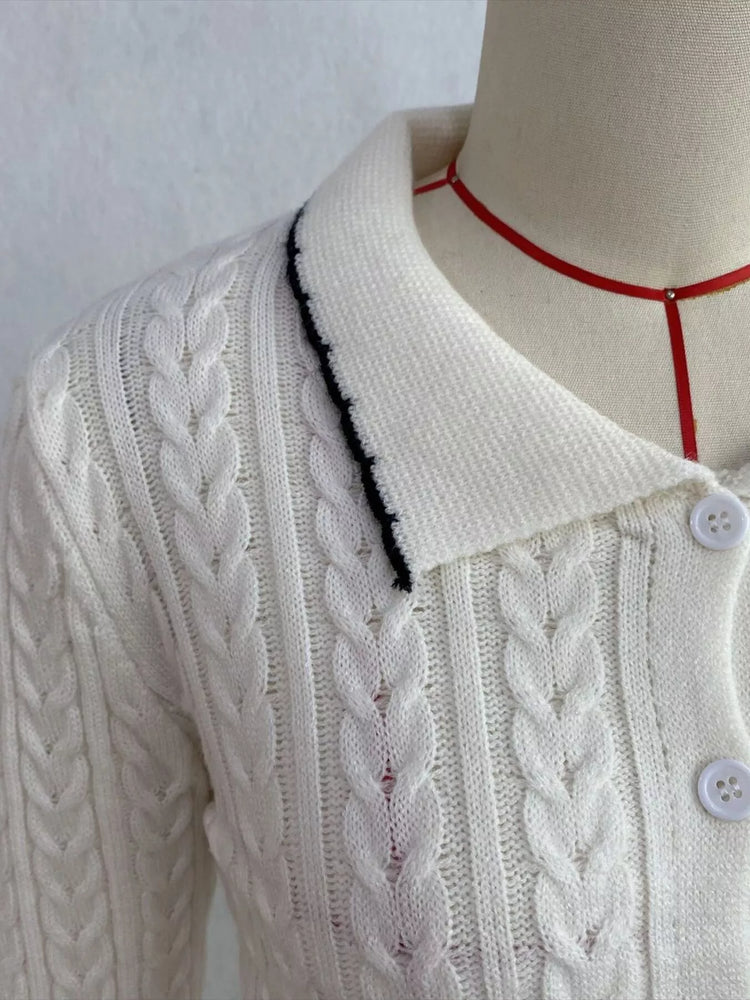 Cable Knit Polo Collar Button-Up Cardigan