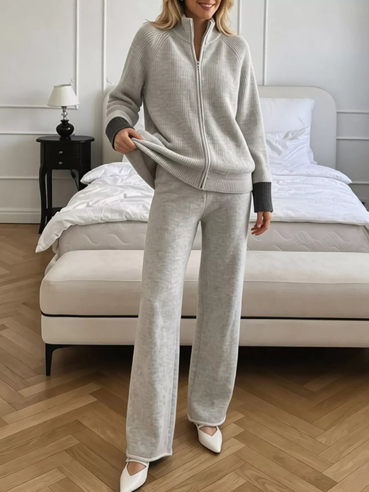 Zip-Up Contrast Cuff Cardigan and Pants Sweater Set
