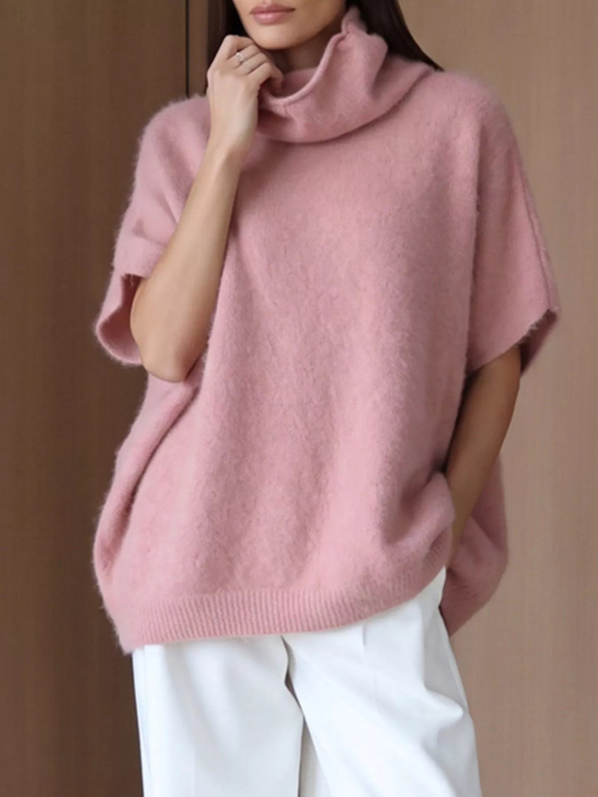Turtleneck Fuzzy Short Sleeve Sweater