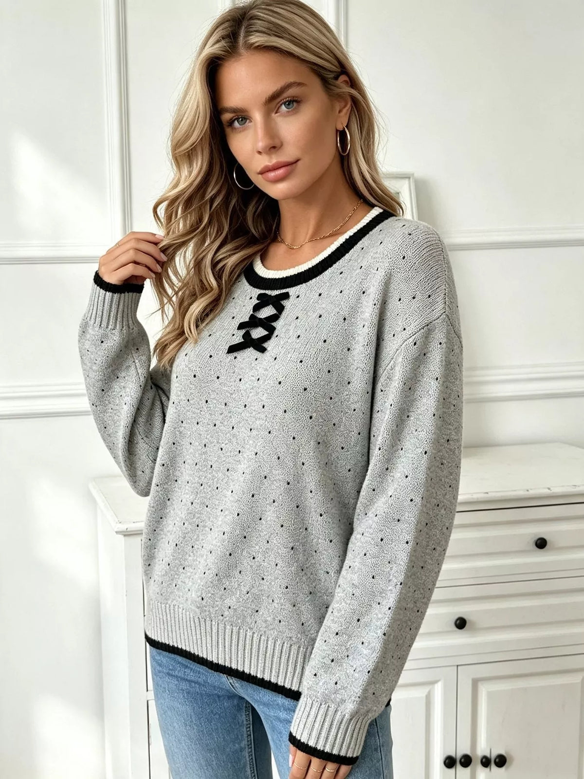 Polka Dot Lace-Up Detail Sweater