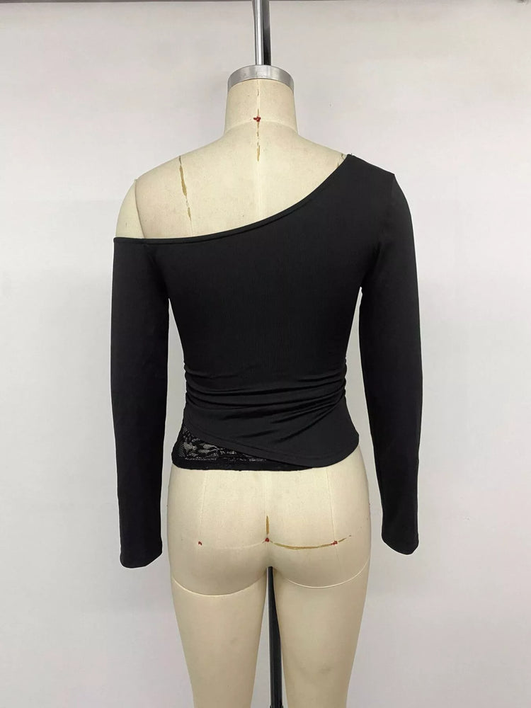 One-Shoulder Lace Trim Slim Fit T-Shirt
