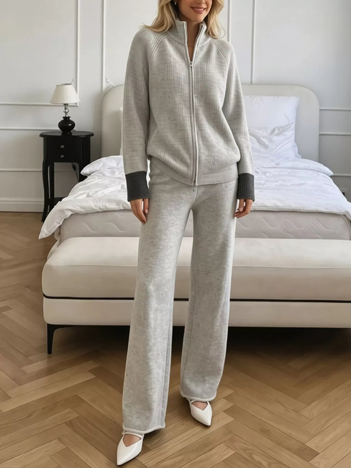 Zip-Up Contrast Cuff Cardigan and Pants Sweater Set
